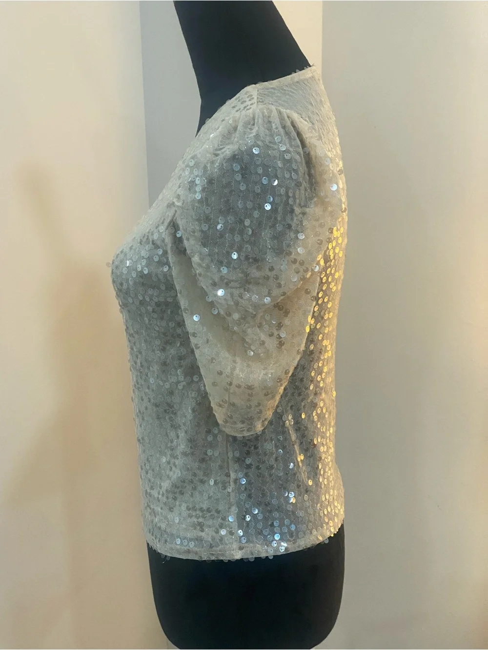 Zara Ivory Sequin Puff-Sleeve Top